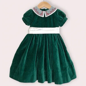Strasburg Christmas dress green velvet, embroidered collar & satin sash 6 month